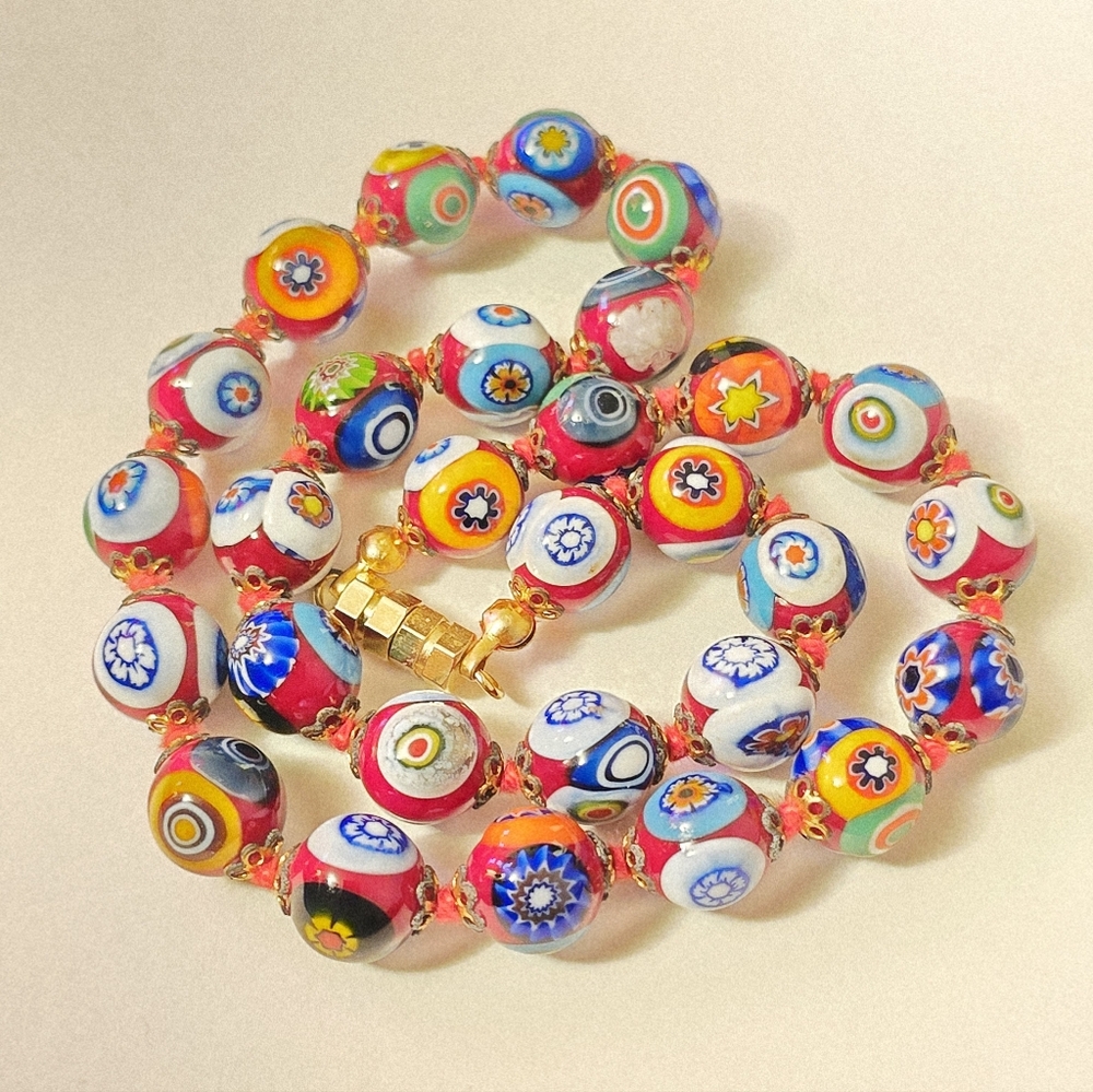 Vintage Red Millefiori Venetian Murano art glass bead Italian Necklace